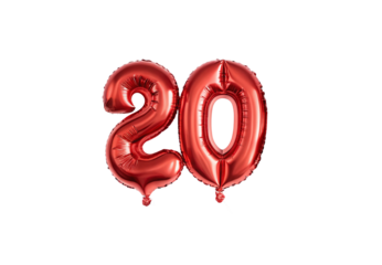 Metallic red balloons shaped as number 20, shiny rose gold finish, celebration decor, isolated on a transparent background