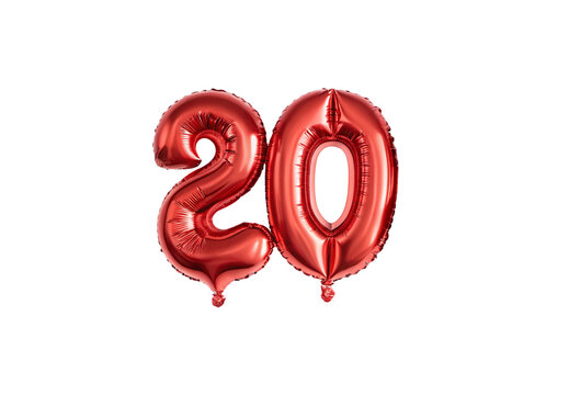 Metallic red balloons shaped as number 20, shiny rose gold finish, celebration decor, isolated on a transparent background