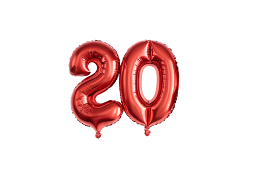 Metallic red balloons shaped as number 20, shiny rose gold finish, celebration decor, isolated on a transparent background