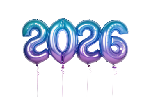 Gradient foil balloons displaying 2026, blue to purple ombre effect, festive party decoration, isolated on a transparent background