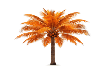 Orange-tinted palm tree, full canopy, tropical coconut-bearing tree, autumn-colored fronds, warm aesthetic, isolated on a transparent background