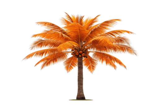 Orange-tinted palm tree, full canopy, tropical coconut-bearing tree, autumn-colored fronds, warm aesthetic, isolated on a transparent background - Powered by Adobe