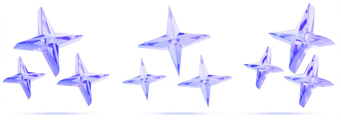 3d set of glass holographic star cluster with crystal texture in purple blue gradient colors. Luminous celestial body, abstract space object. Brightly shining stars isolated on white. 3D illustration