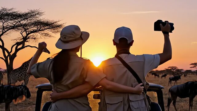 Asian Couple on African Safari Game Drive in Serengeti at Sunset &ndash; AI Generated