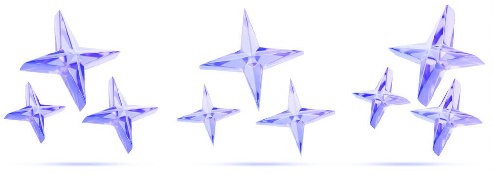 3d set of glass holographic star cluster with crystal texture in purple blue gradient colors. Luminous celestial body, abstract space object. Brightly shining stars isolated on white. 3D illustration