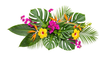 Tropical Floral Arrangement With Green Leaves Yellow Hibiscus Bird Isolated On Transparent Background