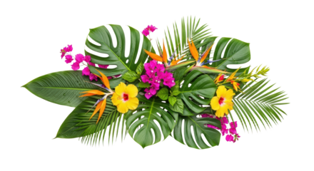 Tropical Floral Arrangement With Green Leaves Yellow Hibiscus Bird Isolated On Transparent Background