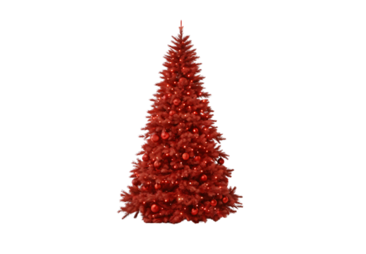 Illuminated red Christmas tree with lights, ornaments, and festive holiday decorations, isolated on a transparent background
