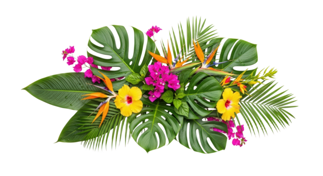 Tropical Floral Arrangement With Green Leaves Yellow Hibiscus Bird Isolated On Transparent Background - Powered by Adobe