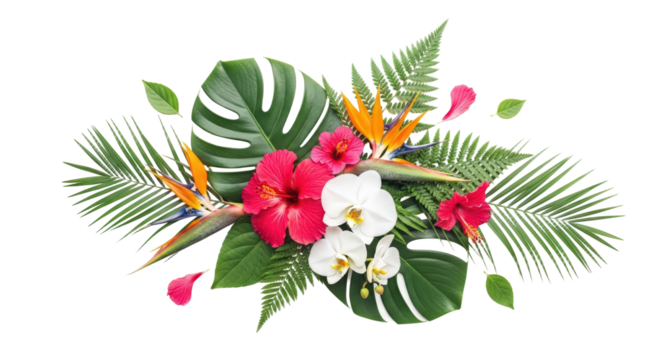 Tropical Floral Arrangement With Bird Of Paradise Hibiscus And Orchids Isolated On Transparent Background