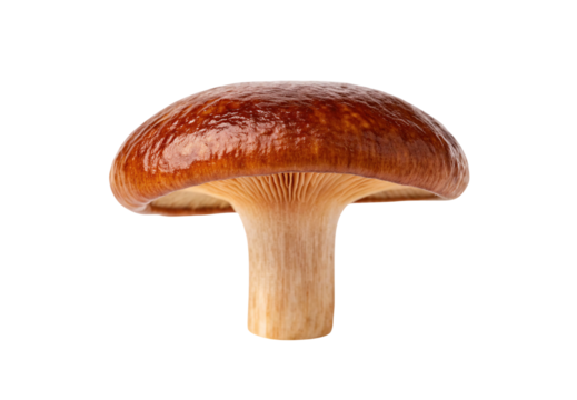 Side view brown mushroom with glossy cap and pale ridged underside, isolated on a transparent background