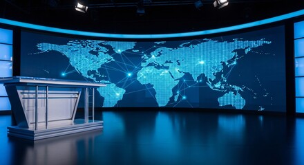 Modern Global News Studio with Digital World Map Background perfect for news broadcast background, virtual event stage,