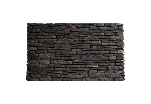 Dark gray stacked stone wall texture with natural horizontal ledge pattern and weathered surface, isolated on a transparent background