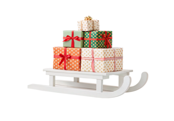 White wooden sleigh loaded with wrapped Christmas presents in festive patterns and pastel colors, isolated on a transparent background