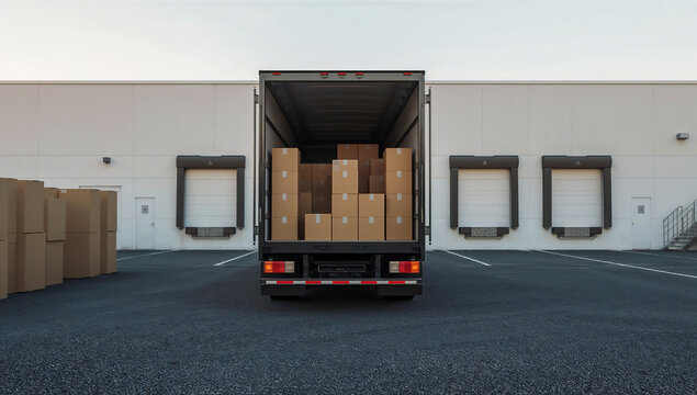 back of a delivery truck loaded with cardboard boxes backed up to a loading dock at a modern distribution center, highlighting efficient logistics, freight transport, and warehouse operations