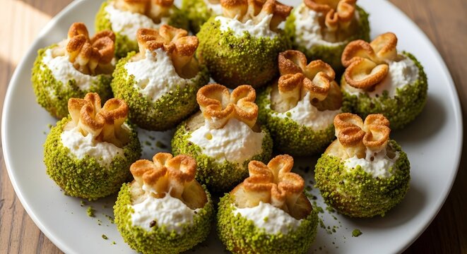 A plate of delicate Qatayef Asafiri, mini open-faced pancakes stuffed with Ashta cream, edges pinched like a purse and dipped in crushed pistachios.