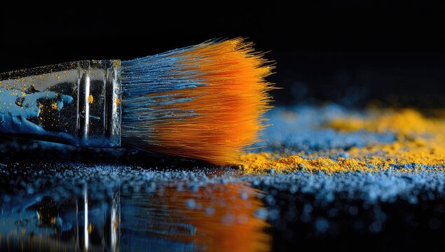 Paintbrush with vibrant blue & yellow powder dust on dark surface - Powered by Adobe