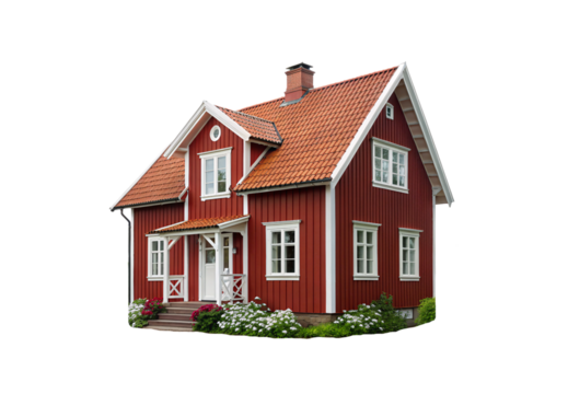 Traditional red Swedish wooden house with white trim orange tile roof chimney and flower garden, isolated on a transparent background