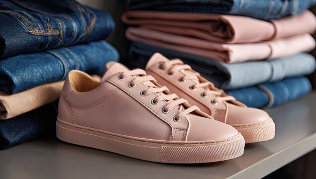 Pink sneakers & stacked folded denim on shelf - Powered by Adobe