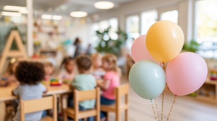 Pastel colored balloons in the foreground of diverse children in a classroom