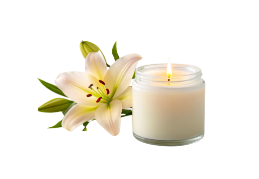 Lit white candle in glass jar next to blooming white lily flower with green leaves, isolated on a transparent background