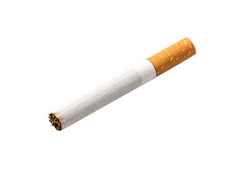 Unlit cigarette with orange filter and white paper body showing tobacco at tip end, isolated on a transparent background