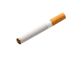 Unlit cigarette with orange filter and white paper body showing tobacco at tip end, isolated on a transparent background