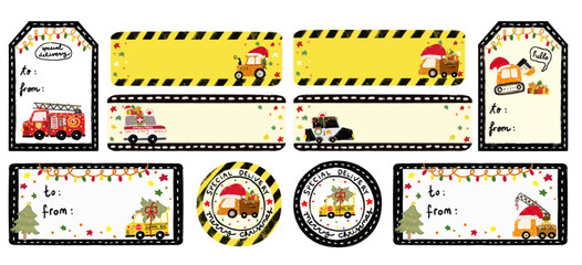 Set collections clipart of blank empty kids christmas gift label tag stickers with community cars under construction traffic transportation themes watercolor crayon doodle illustration design