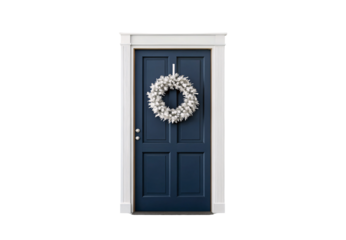 Navy blue front door with white trim and fluted columns displaying frosty white winter wreath, isolated on a transparent background
