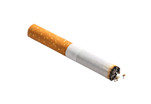 Partially burned cigarette with orange filter white paper body and ash accumulation at burned end, isolated on a transparent background