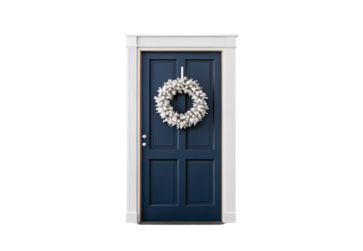 Navy blue front door with white trim and fluted columns displaying frosty white winter wreath, isolated on a transparent background