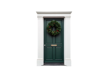 Forest green paneled door with white fluted columns brass mail slot and evergreen wreath with red ornaments, isolated on a transparent background