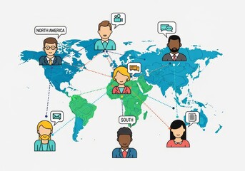 Global network connecting people across continents with communication icons and world map design