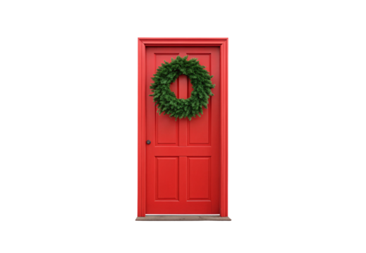 Coral red four panel door with simple frame and black knob featuring dense green wreath at center, isolated on a transparent background