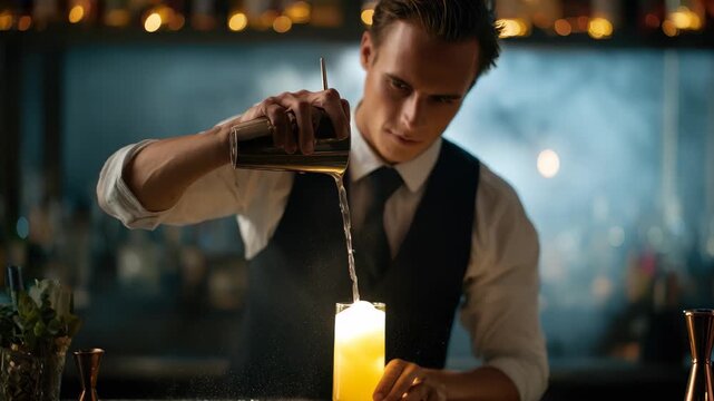 Expert barman skillfully crafting a cocktail at a vibrant night club during a lively evening atmosphere - Powered by Adobe