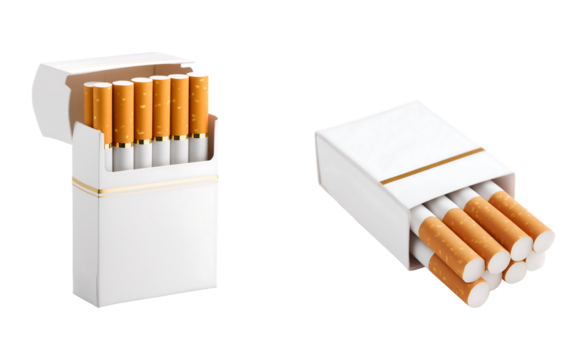 Open White Cigarette Pack with Visible Cigarettes isolated on transparent background