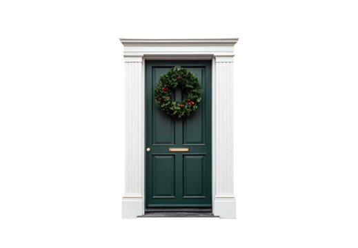 Forest green paneled door with white fluted columns brass mail slot and evergreen wreath with red ornaments, isolated on a transparent background - Powered by Adobe