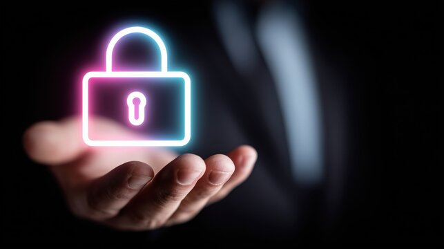 Hand holding a glowing neon padlock symbolizing digital data security - Powered by Adobe