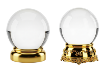 Two Clear Crystal Balls With Ornate Golden Stands Isolated On Transparent Background