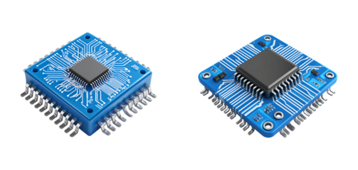 3D Render of Blue Integrated Circuit Chip isolated on transparent background