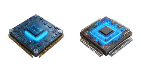 Glowing Blue Processor: CPU Microchip Technology and AI Data Flow isolated on transparent background