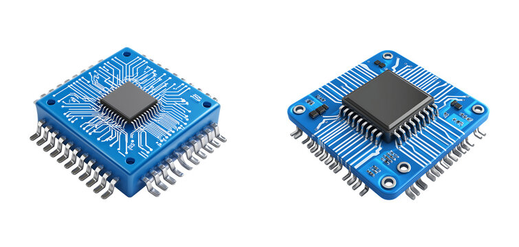 3D Render of Blue Integrated Circuit Chip isolated on transparent background