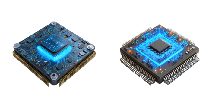 Glowing Blue Processor: CPU Microchip Technology and AI Data Flow isolated on transparent background