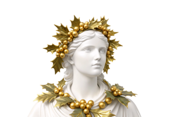 Marble-like bust crowned with elaborate golden holly and berry headdress arrangement, isolated on a transparent background