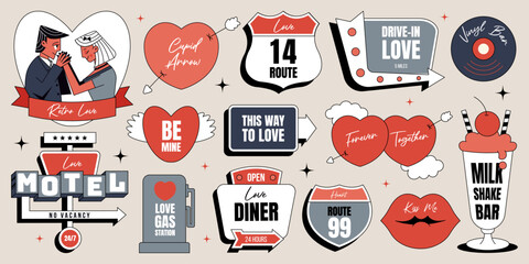 Retro love motel signboard sticker set highway shield, diner sign, drive in arrow, cupid motel, milkshake bar and more romantic roadside designs. Vintage mid century 50s Americana vector illustration