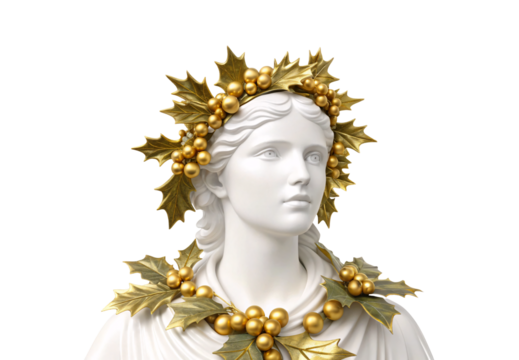 Marble-like bust crowned with elaborate golden holly and berry headdress arrangement, isolated on a transparent background - Powered by Adobe