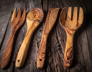 Wooden Utensil Set on Rustic Wooden Background