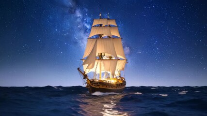 Majestic tall ship sails across deep blue ocean beneath a star-filled night sky, illuminated by soft light, creating a serene nautical scene. - Powered by Adobe