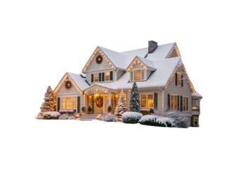 Elegant snow-covered home with holiday lights, decorated entrance with wreath, winter wonderland festive scene, isolated on a transparent background