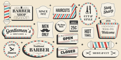 Retro barbershop sticker set with vintage scissors, razor, pole, comb and mens grooming signs in classic 1950s Americana style. Vector illustration template for logo design, posters, branding